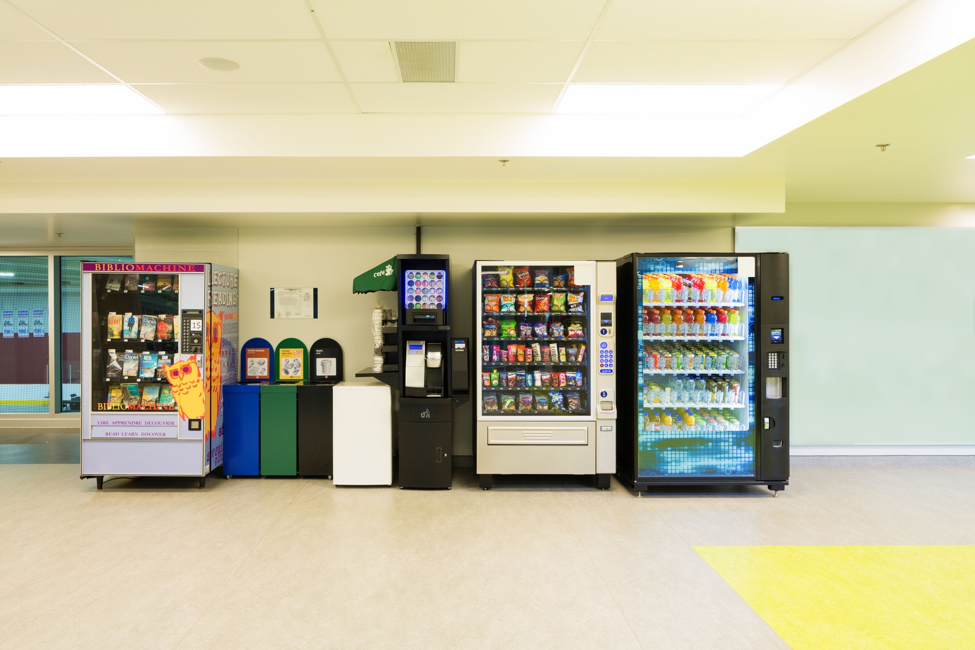 Various vending machines and trash cans